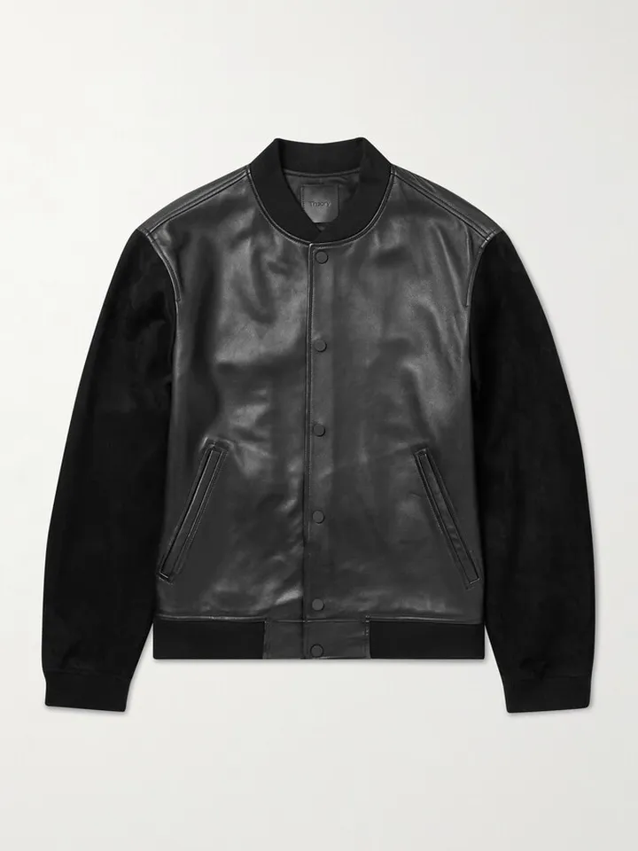 Varsity Suede-Trimmed Leather Bomber Jacket
