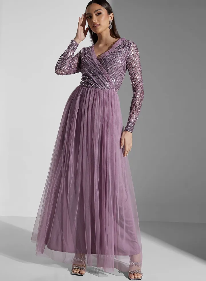 Embellished Wrap Tiered Dress
