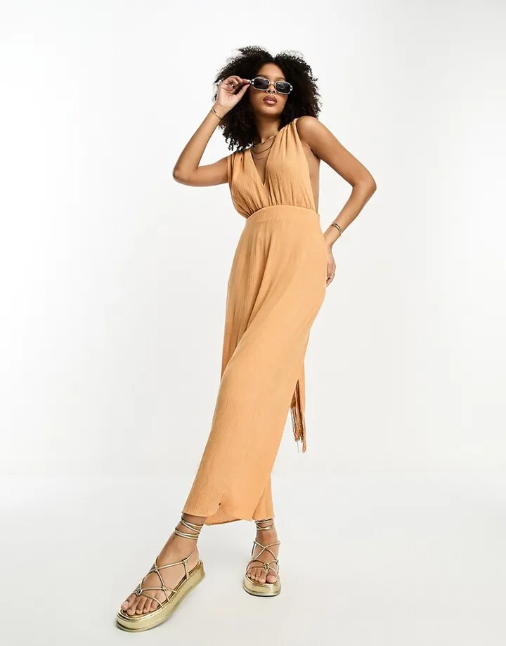 ASOS DESIGN crinkle plunge midi sundress with wrap waist detail and fringe tie in camel