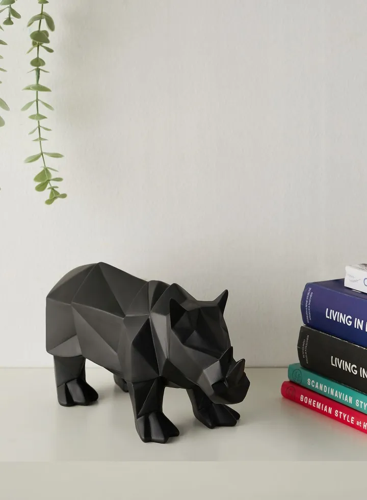 Matte Black Rhino Origami Statue