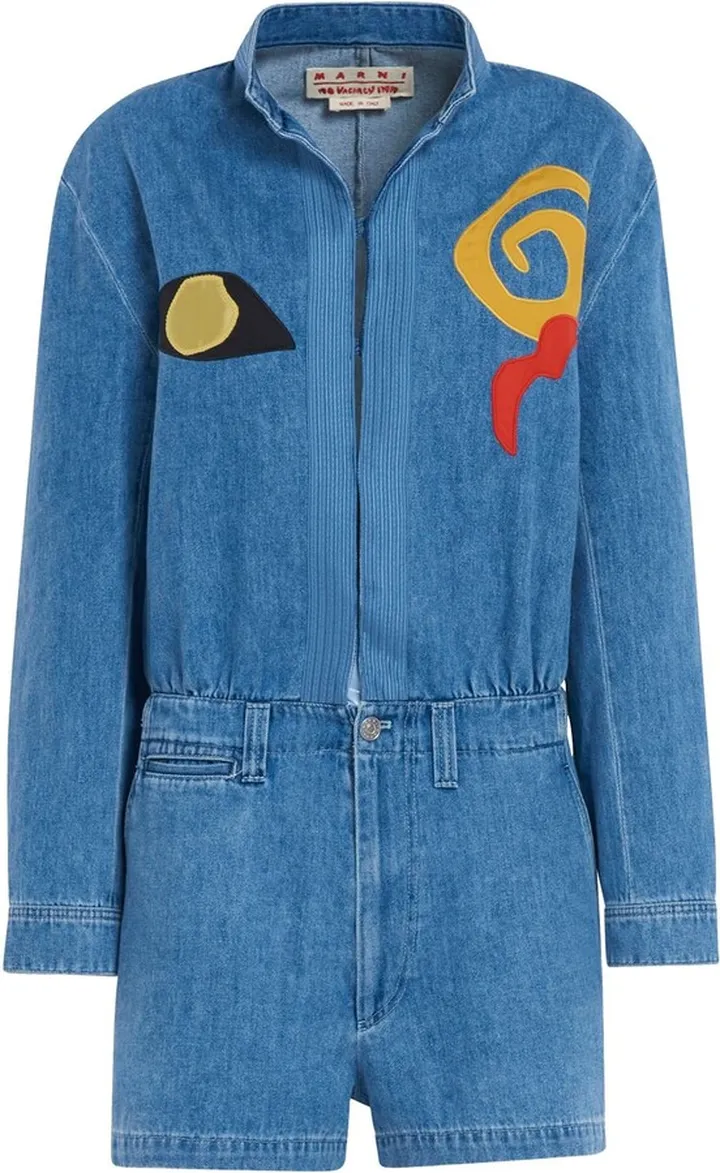 Embroidered cotton denim playsuit