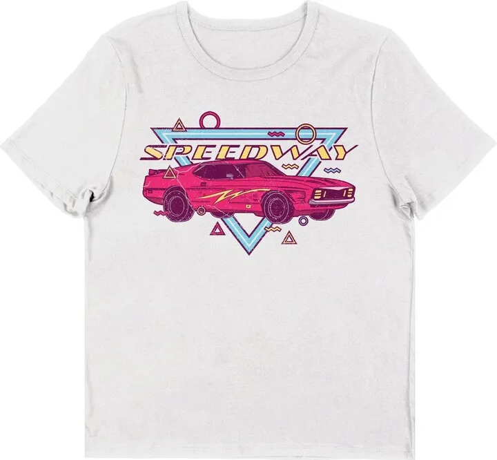 Retro Muscle Car Speedway Women’s White Short Sleeve Crew Neck Tee-Medium