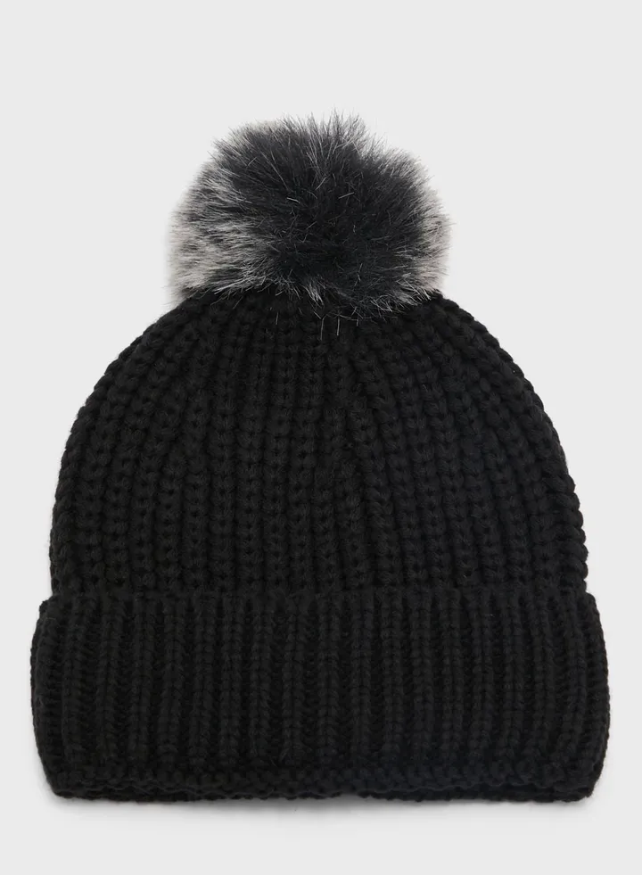 Knitted Cable Faux Fur Pom Hat