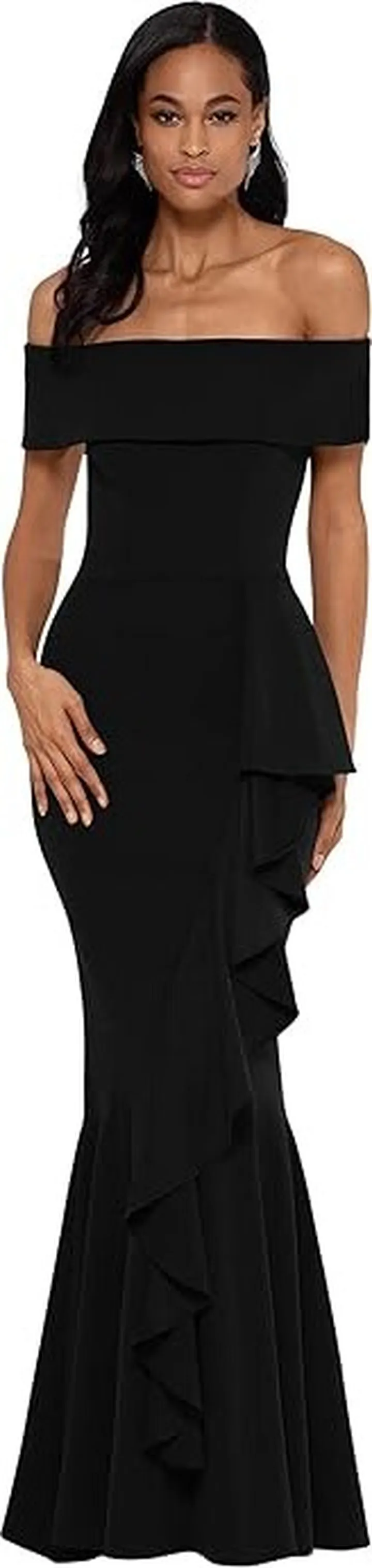 Betsy & Adam Long Over-the-Shoulder Cascade Ruffle Gown (Black) Women's Dress