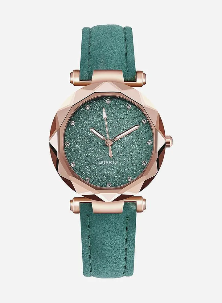 Round Casual Green PU Strap Watch, 34mm