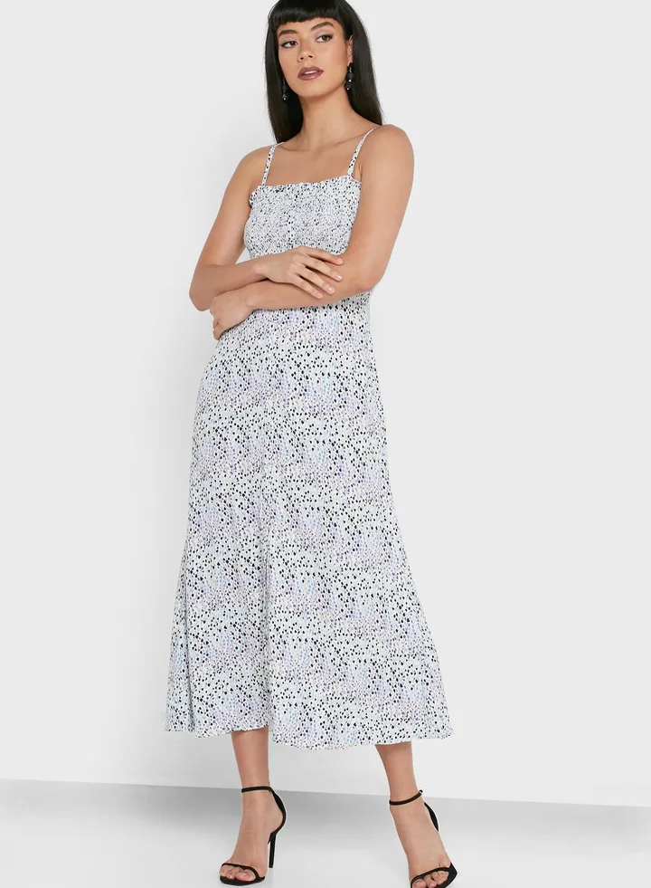 Strappy Printed Shirred Dress