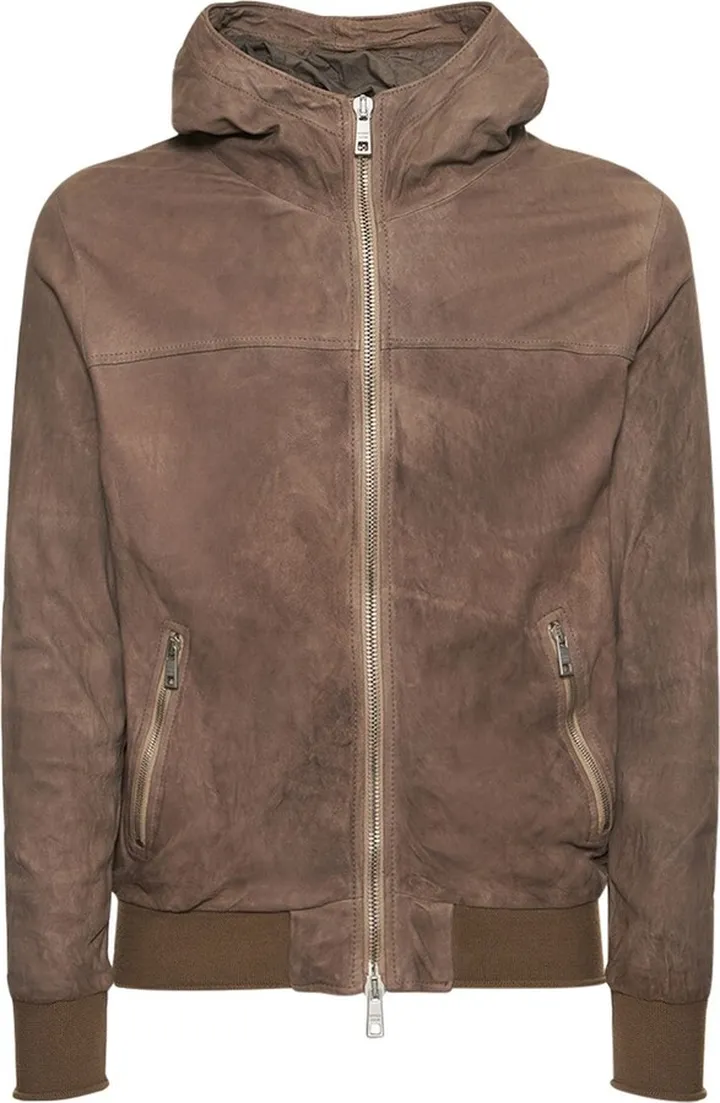 Brushed leather hooded zip jacket