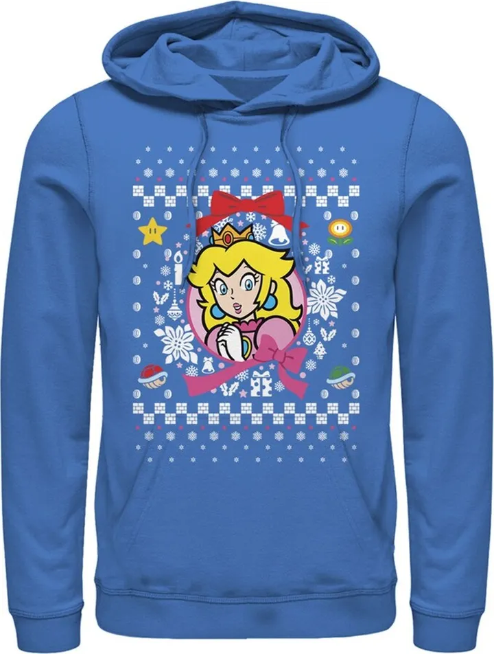 Men's Nintendo Ugly Christmas Peach Wreath Pull Over Hoodie - Royal Blue - X Large