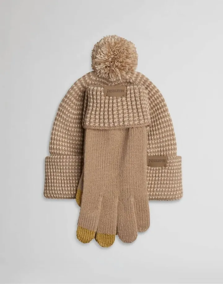 Pom Pom Beanie & Texting Gloves Set in Tan