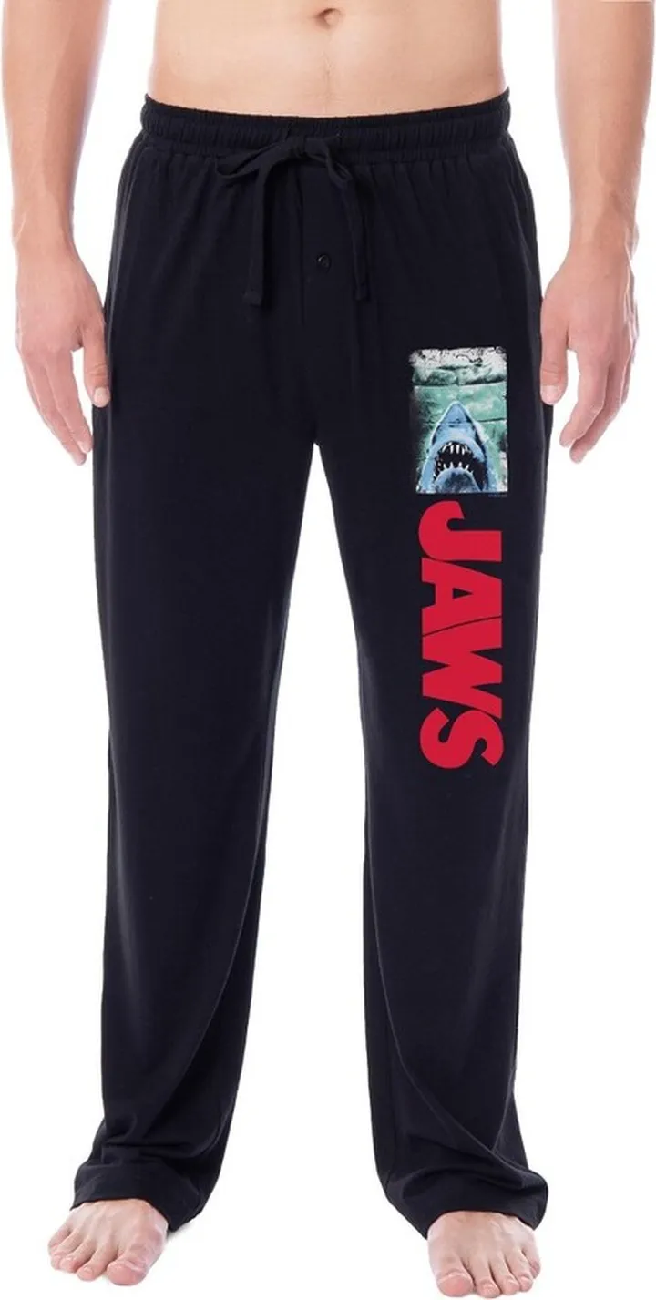 Jaws Mens' Classic Film Movie Title Logo Distressed Sleep Pajama Pants (X-Large) Black