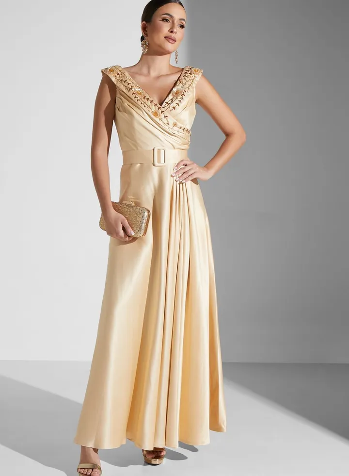 Renee Farah Belted Shimmer Dress