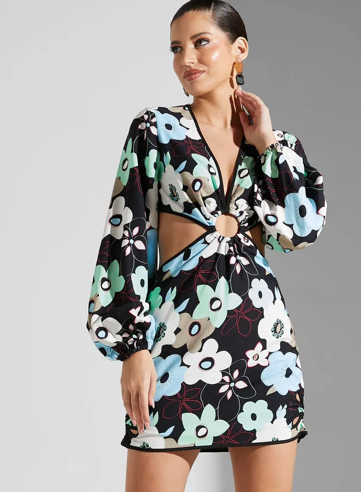 Plunge Neck Printed Dress