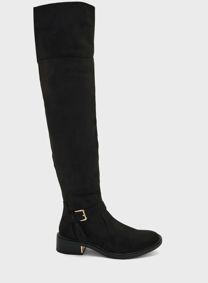 Black Faux Suede Buckle Down Collar Long Boots