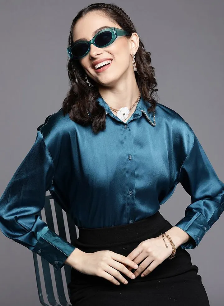 Embellished Collar Satin Longline Shirt