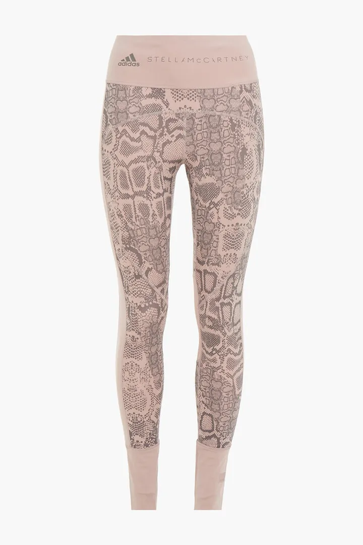 Mesh-paneled snake-print stretch leggings