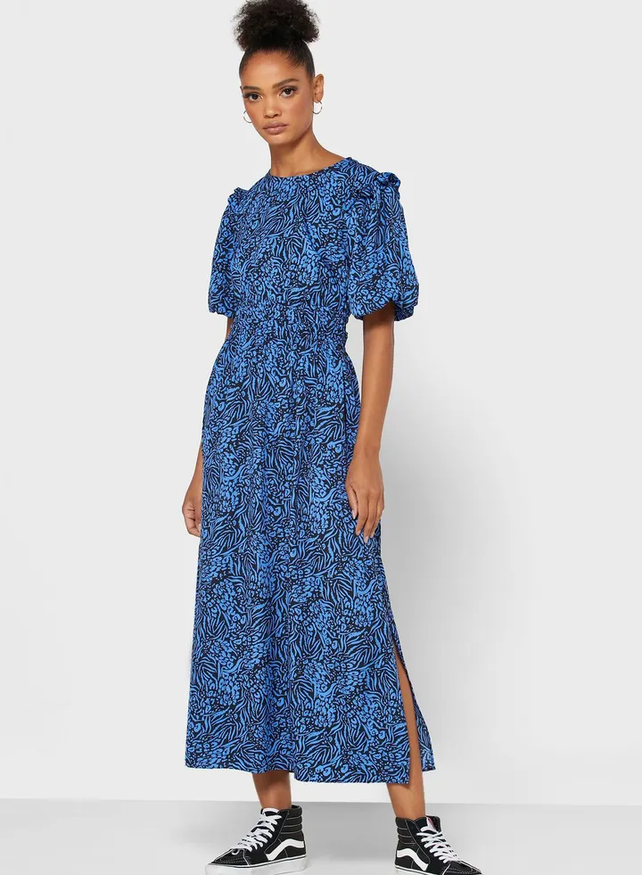 Floral Print Puff Sleeve Pleated Dress