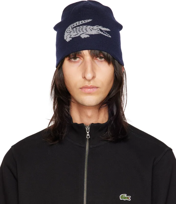 Lacoste Reversible Gray & Navy Contrast Crocodile Beanie