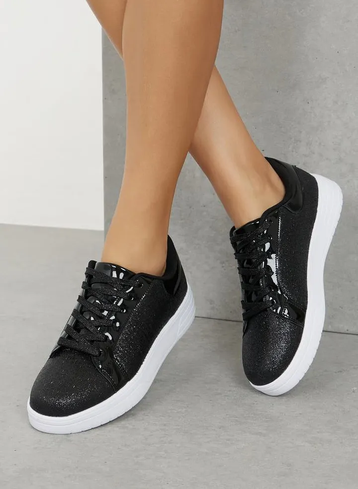 Glitter Patent Detail Platform Casual Shoes