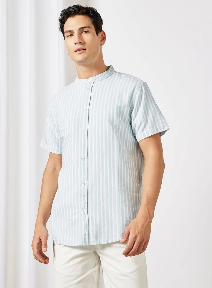 Mandarin Collar Striped Shirt