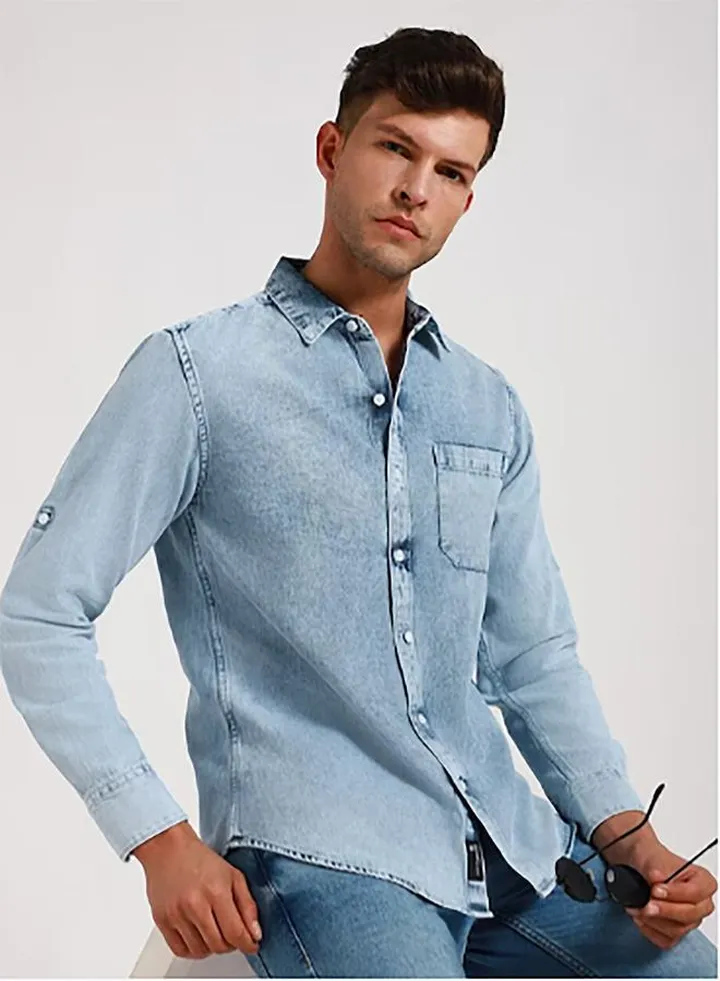Chest Pocket Denim Shirt with Long Sleeves