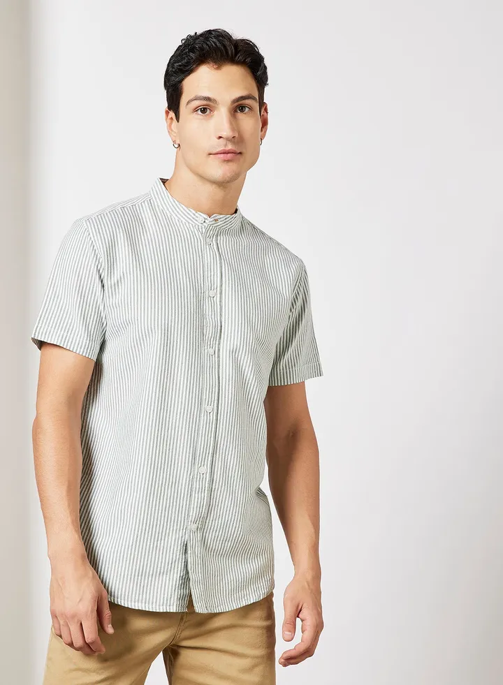 Mandarin Collar Striped Shirt