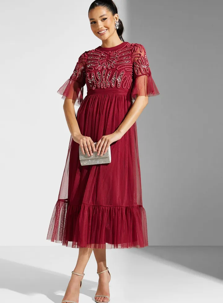 Flared Sleeve Embellished Dress