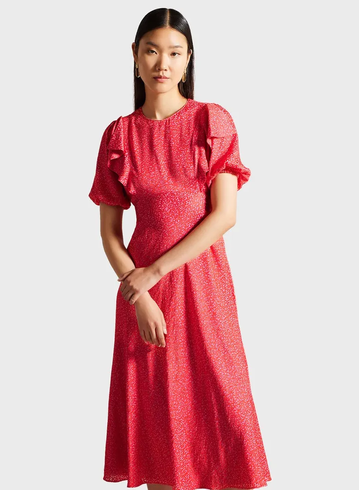 Puff Sleeve Ruffle Detail Dress