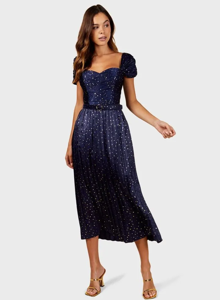 Foil Print Polka Pleated Midi Dress