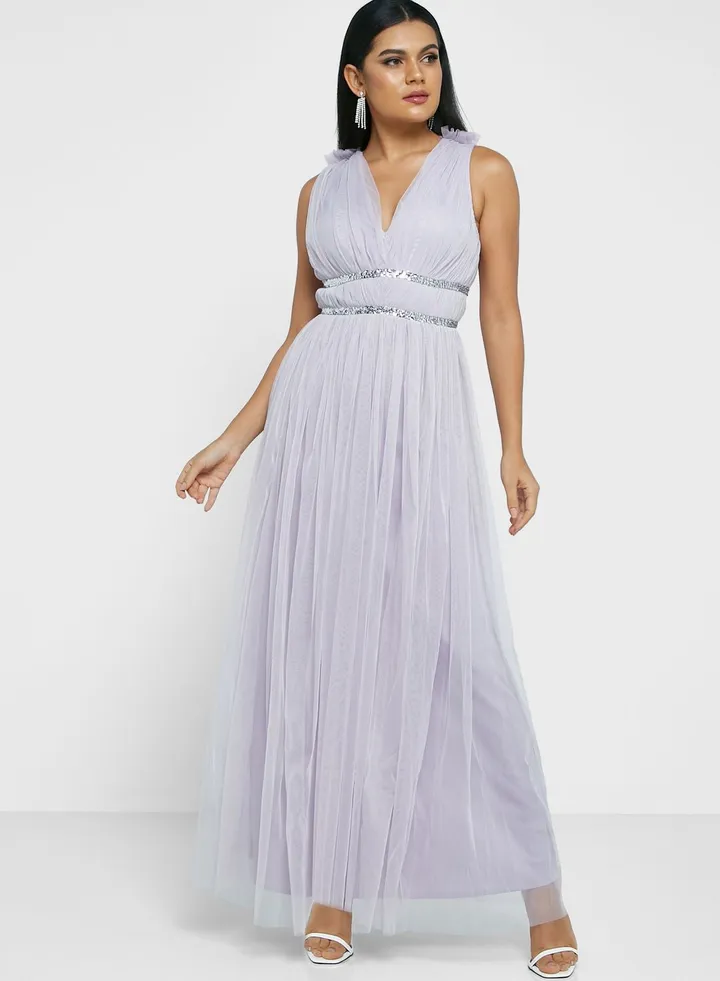 V-Neck Embellished Plisse Dress