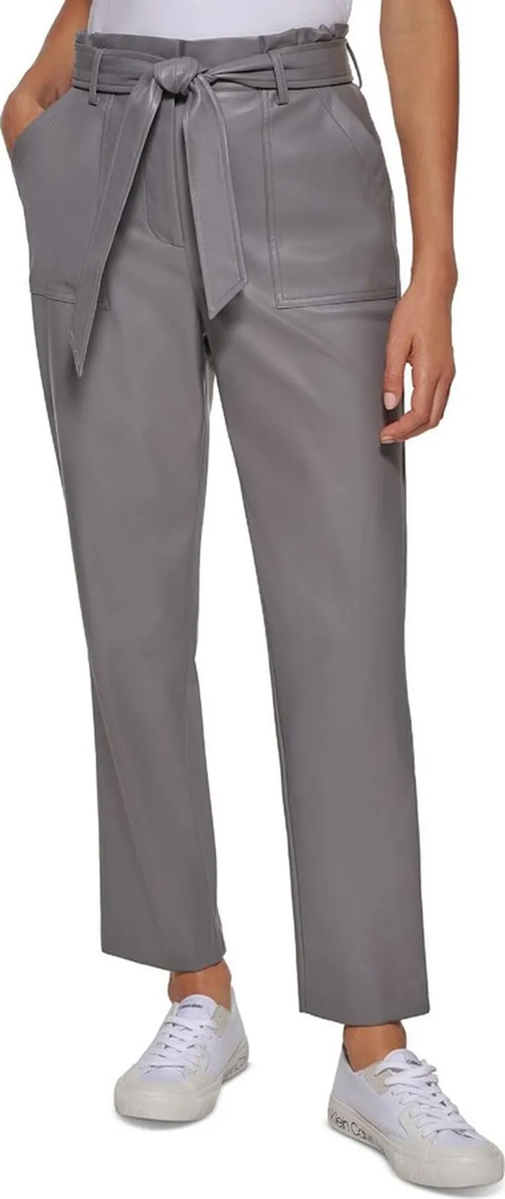 Womens Faux Leather Tie-Waist High-Waist Pants