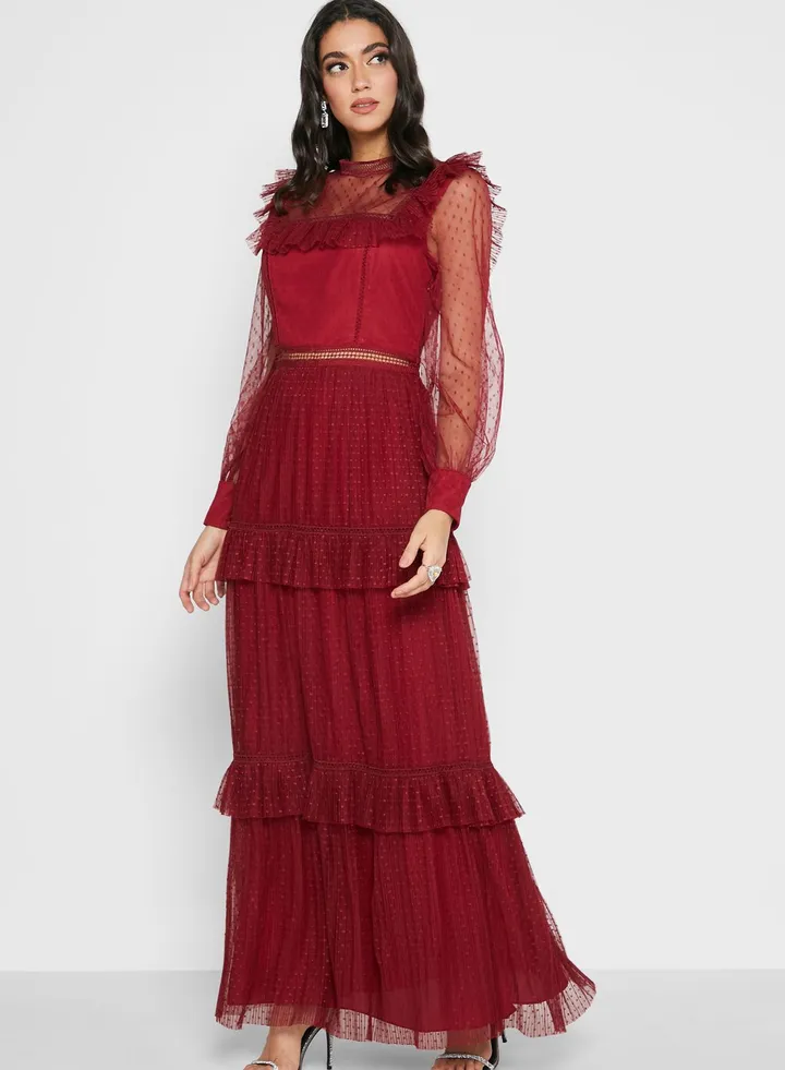 Mesh Detail Tiered Hem Dress
