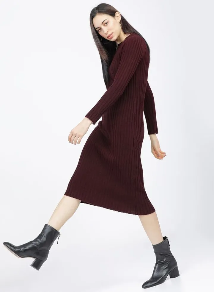 Solid Ribbed Knit Sweater Midi Dress