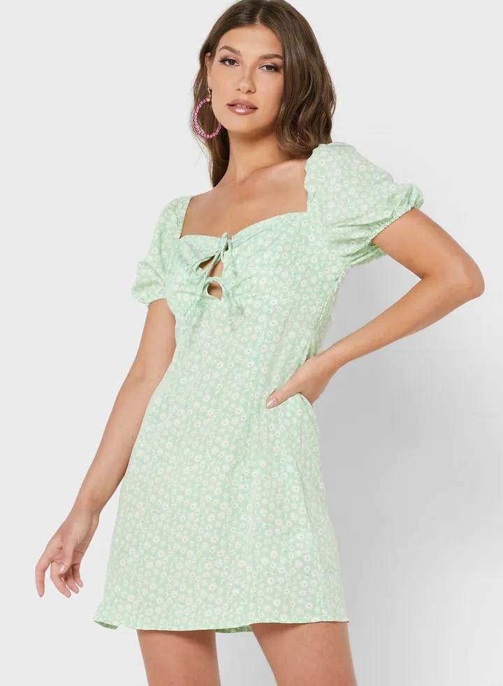 Puff Sleeve Square Neck Dress