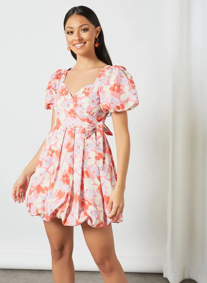 Floral Print Puff Sleeve Wrap Dress
