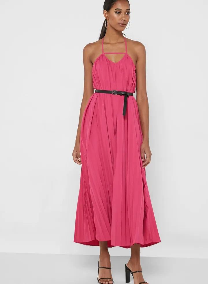 Pleated Belted Strappy Dress