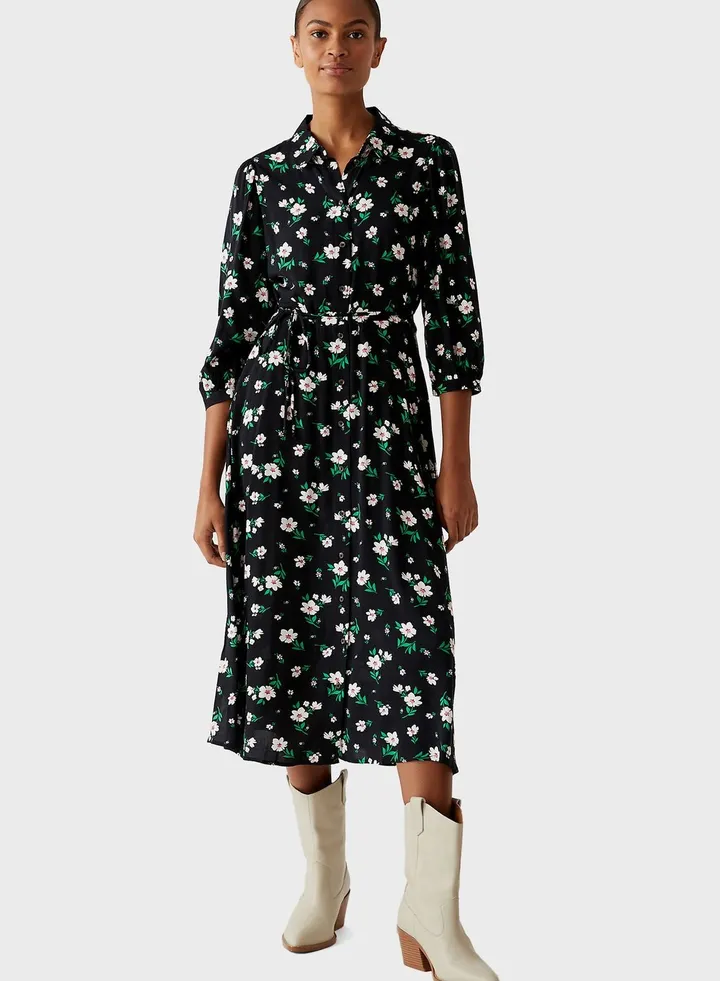 Floral Tie Waist Midi Shirt Dress