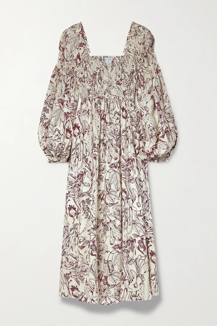 La Ligne - Bettina Shirred Printed Silk-charmeuse Midi Dress - Cream