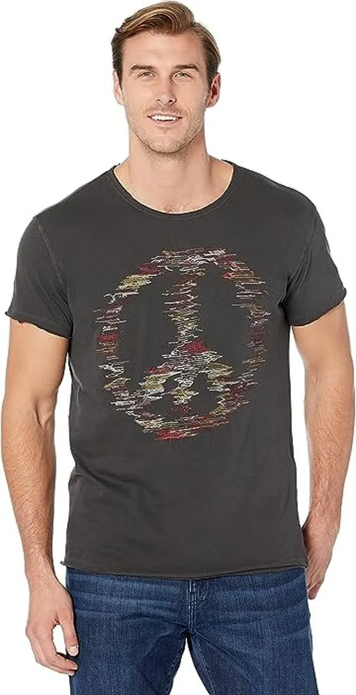 John Varvatos Short Sleeve Raw Edge Tee - Distorted Peace KG5935Y3 (Black) Men's Clothing