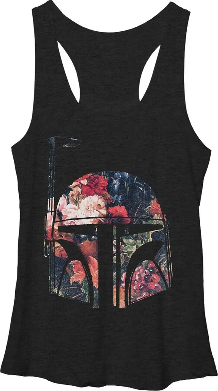 Women's Star Wars Boba Fett Floral Print Helmet Racerback Tank Top - Black Heather - Medium