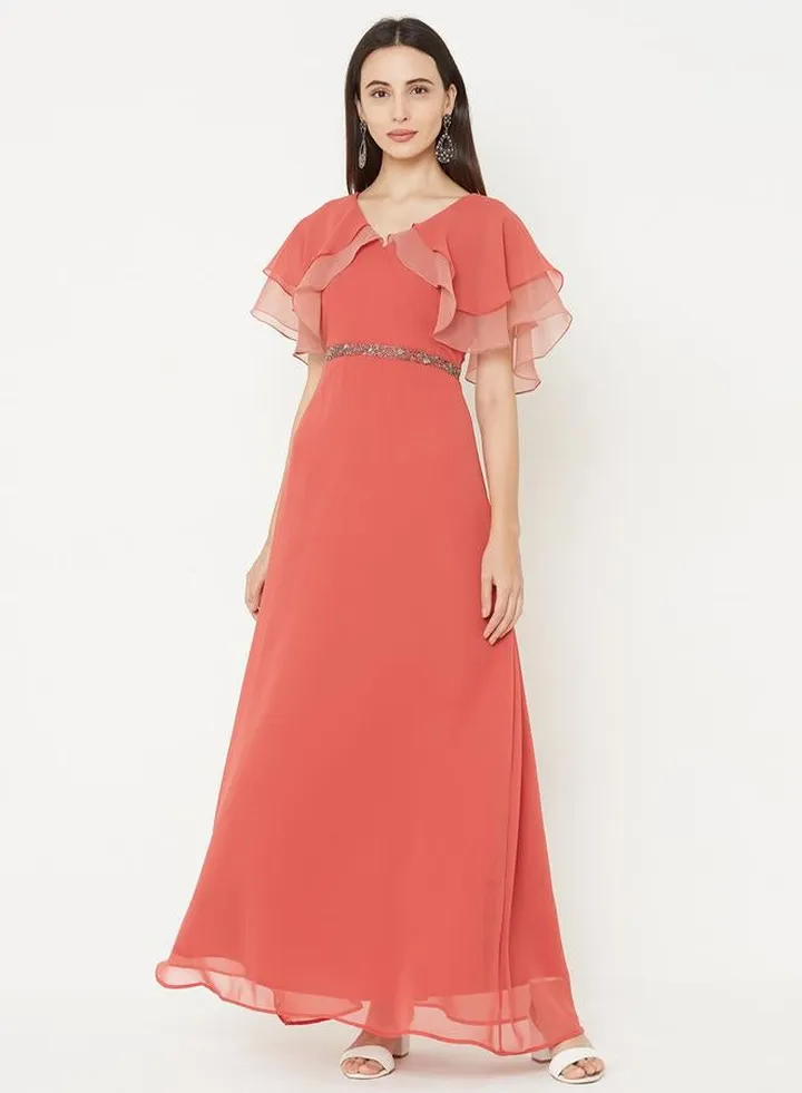 Solid Georgette A-Line Maxi Dress with Cape Sleeve