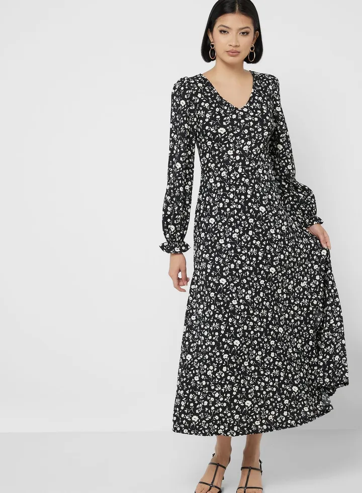 V-Neck Floral Print Dress
