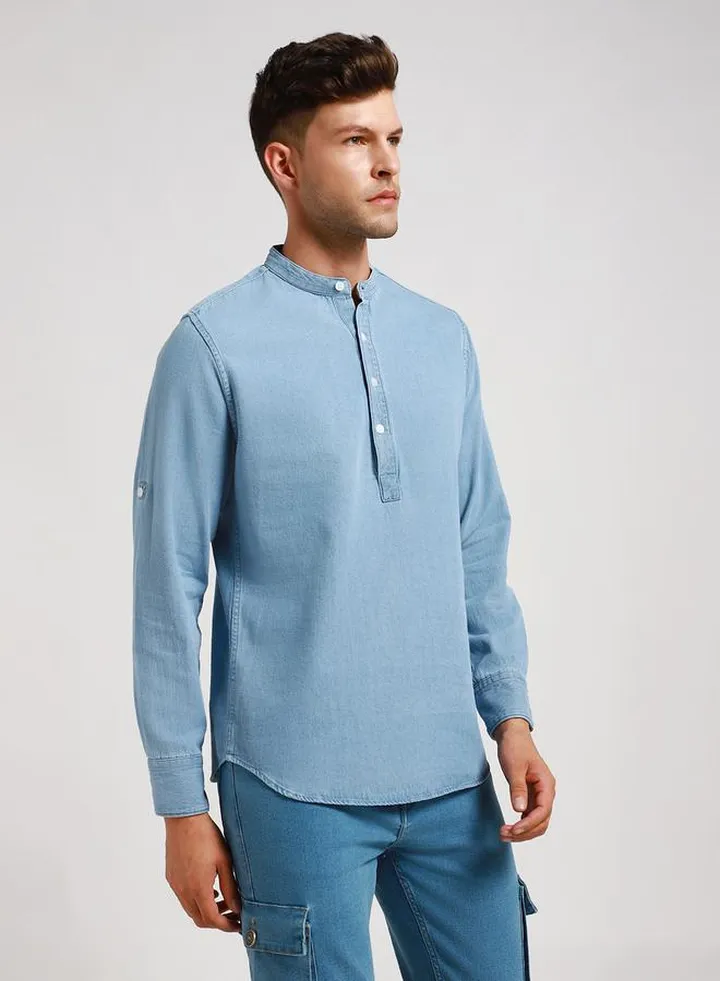 Mandarin Collar Casual Shirt with Roll-Up Sleeve