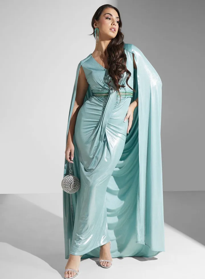 V-Neck Ruched Detail Satin Dress