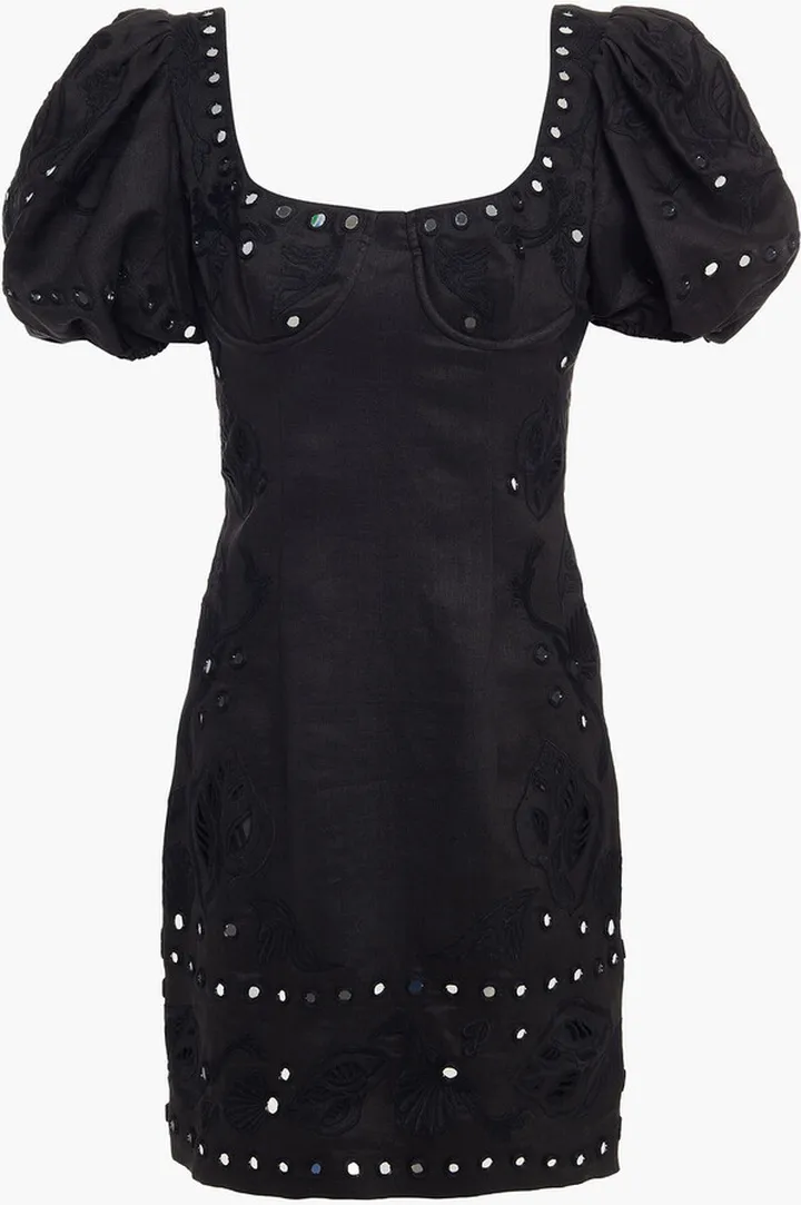 Embellished gathered ramie mini dress