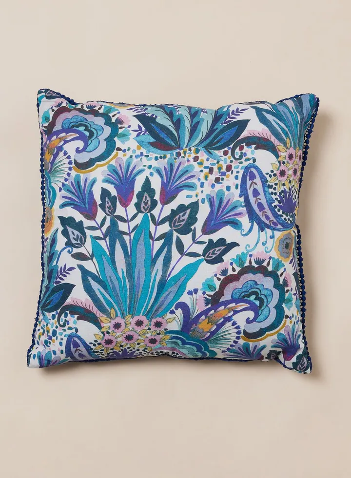 Linen Floral Embellished Cushion
