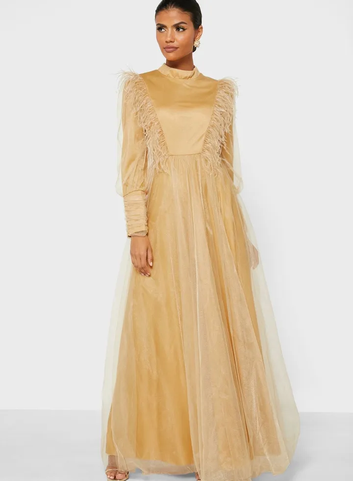 Feather Trim Tule Dress
