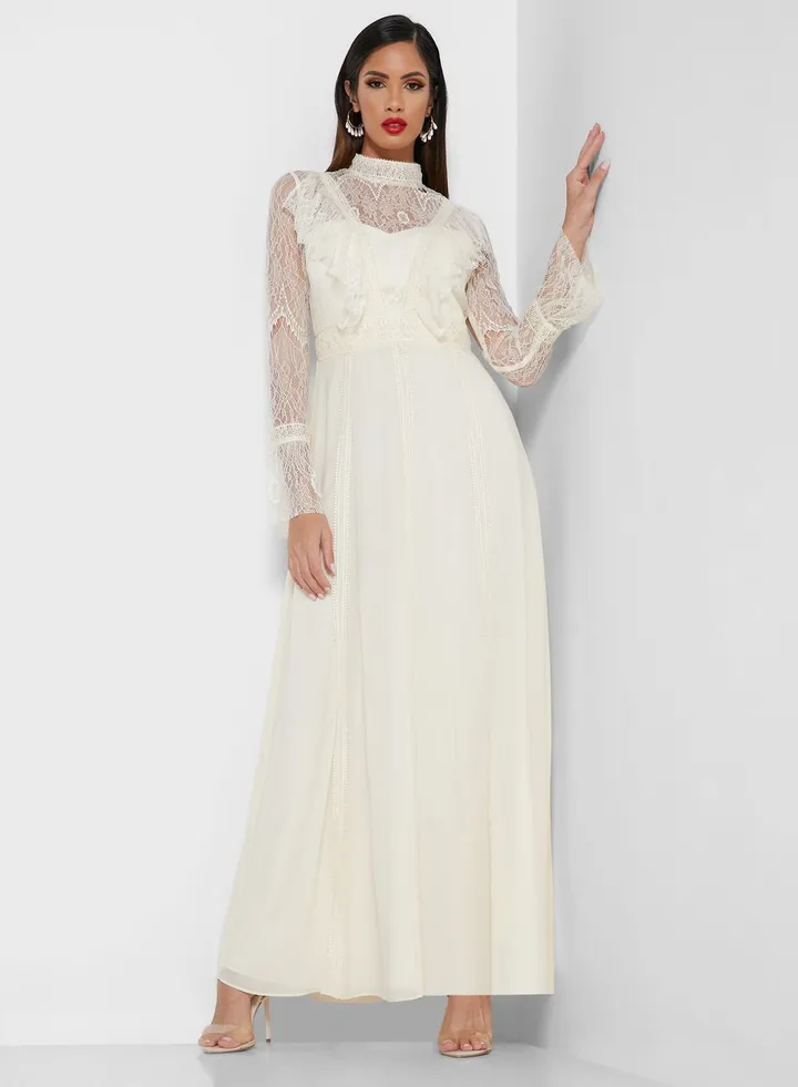 High Neck Mesh Sleeve Dress