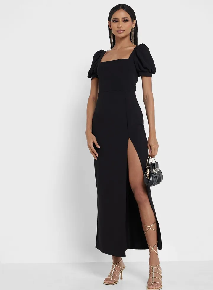 Puff Sleeve Side Slit Dress