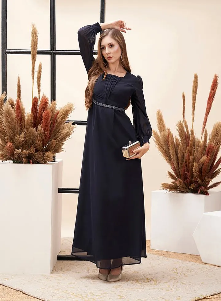 Embellished Waistband Puff Sleeves Maxi Dress