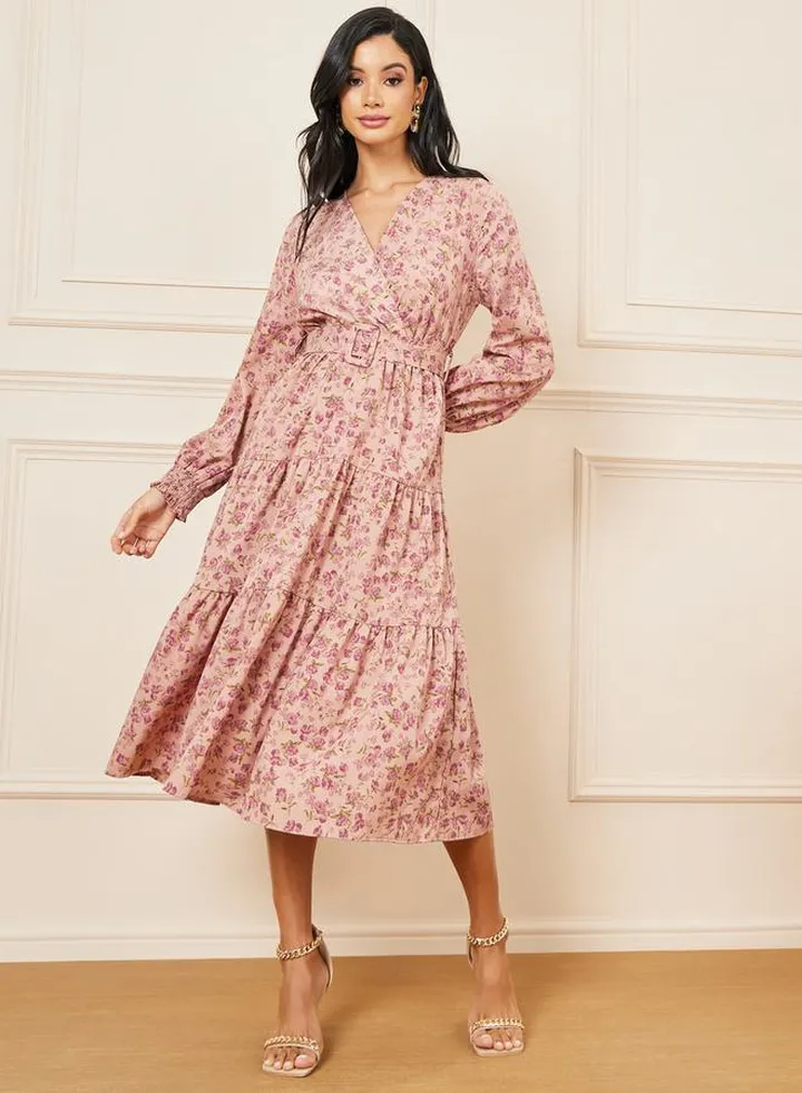 Floral Print Cuff Sleeves Belted Tiered Midi Dress